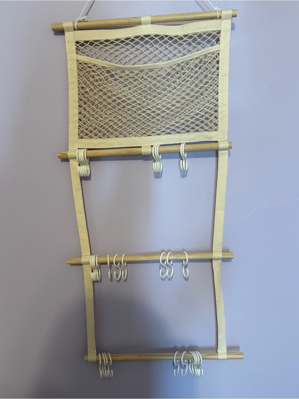 Hanging Organizer with Mesh Pocket and Hooks - Cream